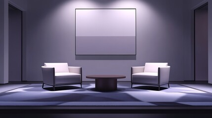 Modern minimalist waiting area with two chairs and artwork