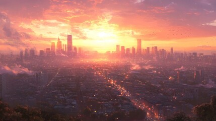 Orange and Pink City Sunset Skyline