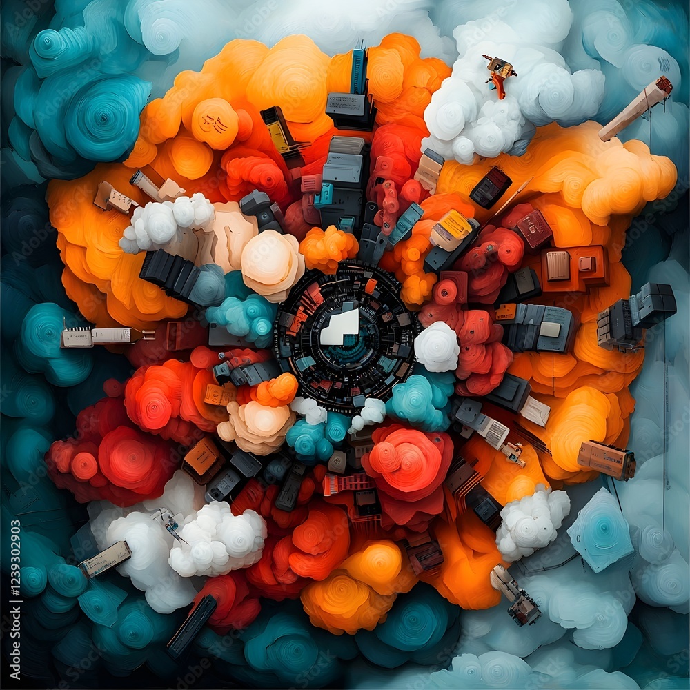 Poster kaleidoscopic mesh of programming language tangled circuits and microchips coalescing into a mesmeri