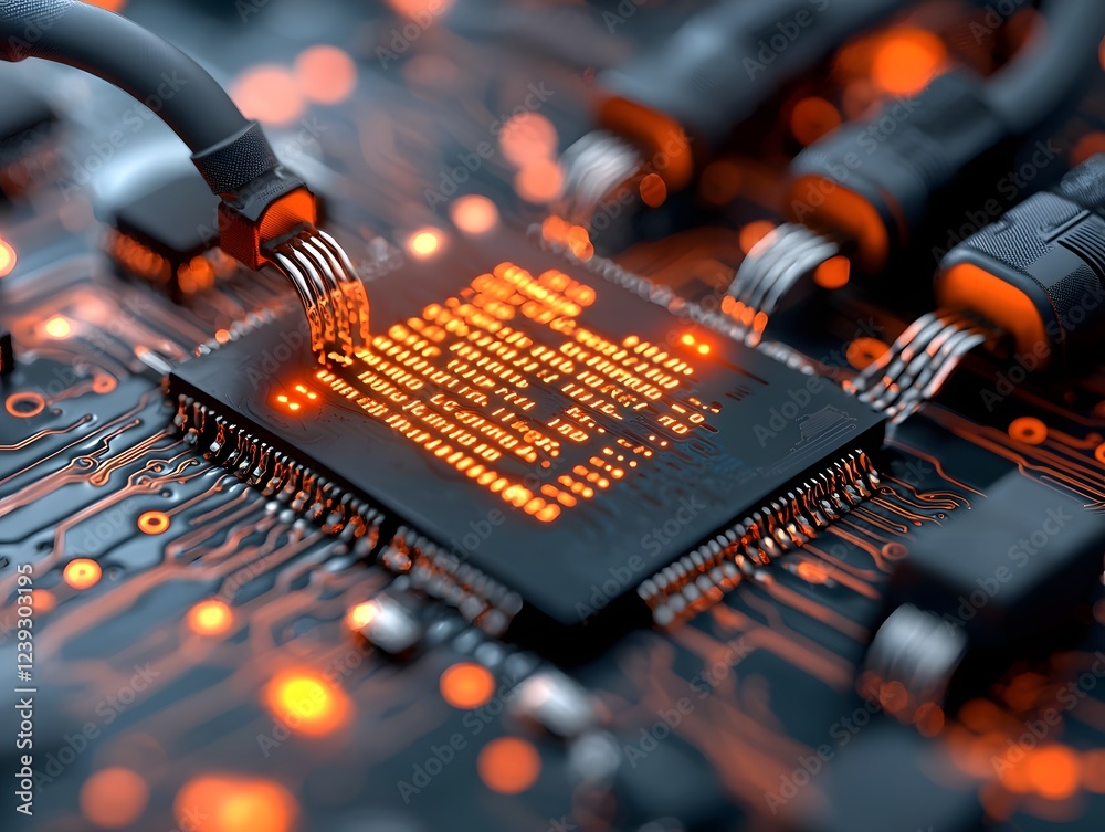 Poster layered patterns of binary code and circuit board designs in a surreal digital realm