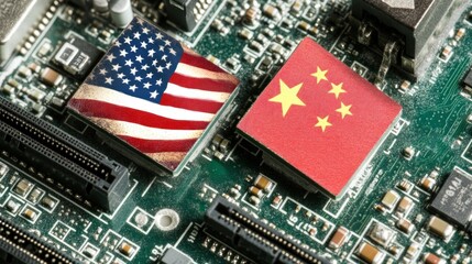 Circuit board displays chips with flags symbolizing US and China, highlighting international tech rivalry