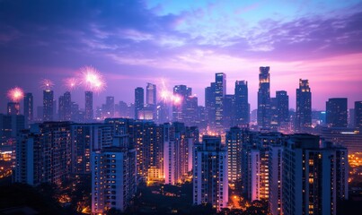 Naklejka premium Vibrant Cityscape with Fireworks Display at Dusk Over Skyscrapers and Urban Skyline Illuminated by Colorful Lights in a Modern Metropolis