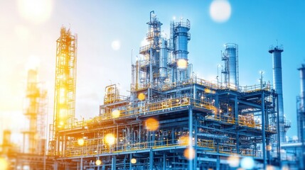 A vibrant oil refinery looms under a clear sky, highlighting its busy industrial activity at sunset