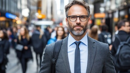 Fototapeta premium Man in a suit with a beard navigates through a bustling city street filled with professionals