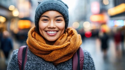 Woman with a winter scarf and hat smiles cheerfully while walking through a lively urban setting