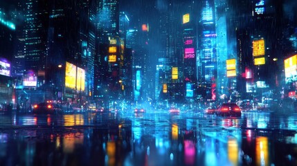 Obraz premium Rainy Neon City at Night