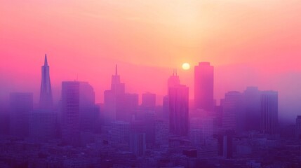 Fototapeta premium Pink And Purple City Skyline Sunset