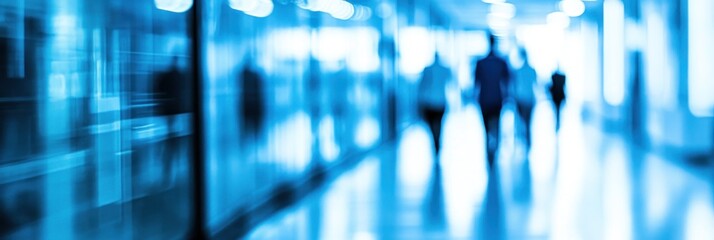 Individuals in business attire navigate a busy corridor in an office building filled with natural light