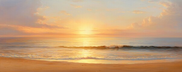 A tranquil beach scene at sunset, showcasing soft waves and a colorful sky, creating a serene atmosphere.
