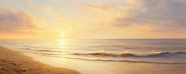 Obraz premium A serene beach at sunset, with gentle waves lapping at the shore under a colorful sky, creating a peaceful and tranquil ambiance.
