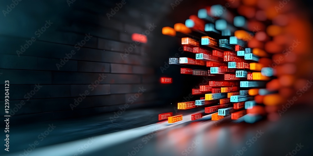 Poster luminescent currents of code and digital data converging on a darkened void visualizing the complex 