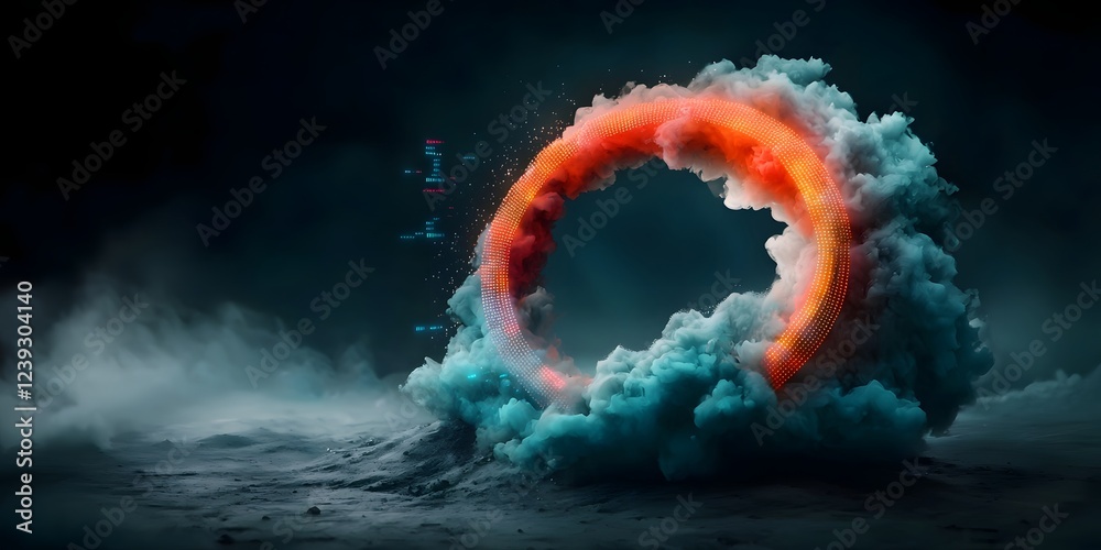 Poster luminescent currents of code and digital data converging on a darkened void visualizing the complex 