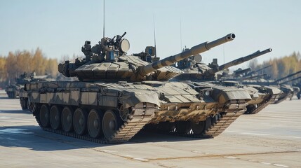 Armored military tanks are lined up in formation at a training ground under clear skies