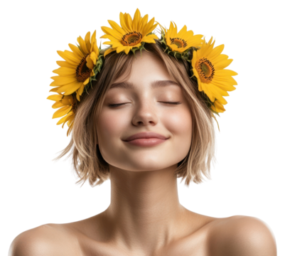 PNG Young caucasian woman sunflower background portrait.