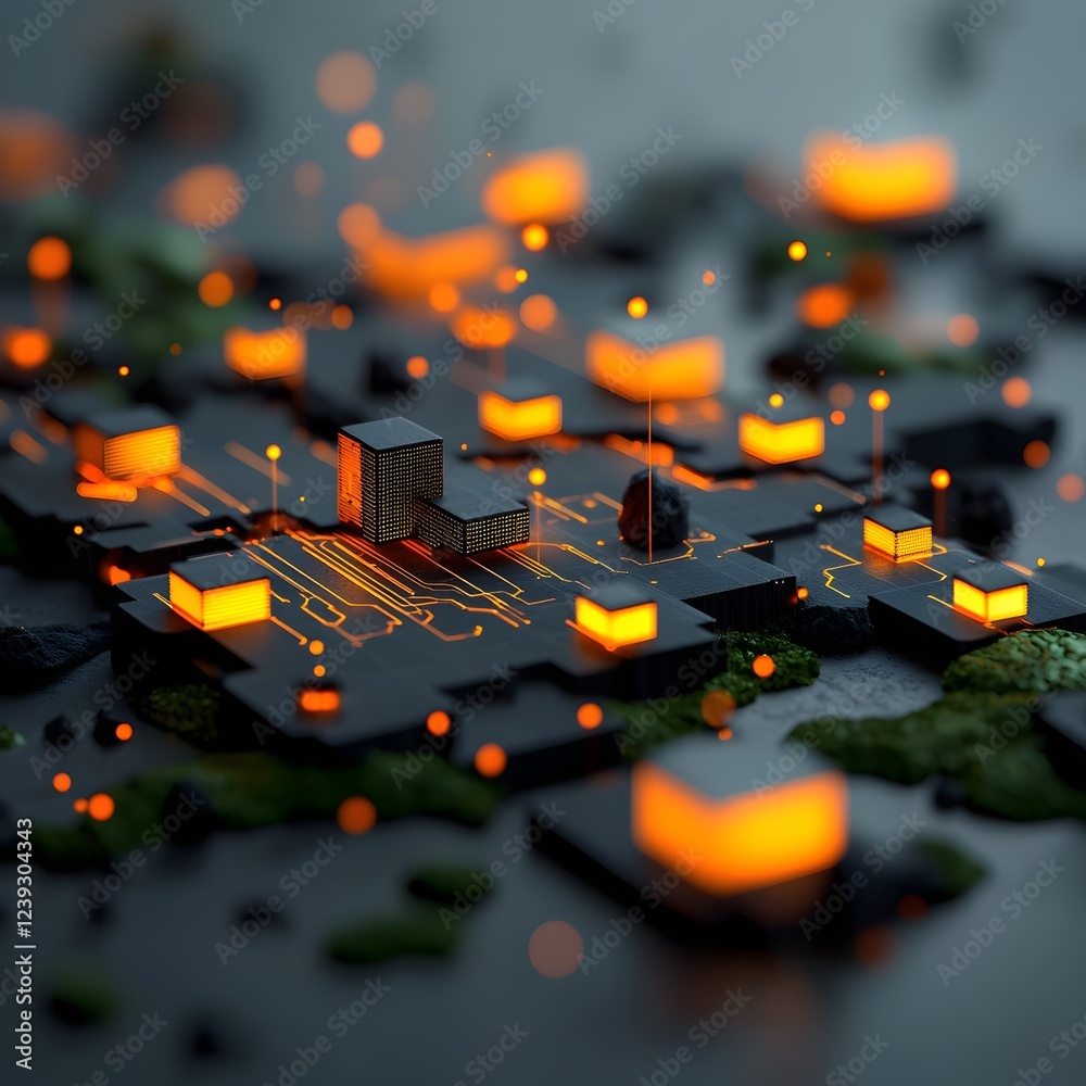 Poster luminescent digital frontier cascading grids of techno code flow across a darkened realm conjuring a