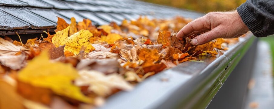 A person is clearing autumn leaves from a gutter, highlighting seasonal maintenance and the importance of keeping gutters clean.