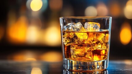 A glass filled with whiskey and ice sits on a table, showcasing a warm, inviting atmosphere