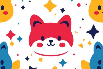 Playful Red Fox Face Amidst Colorful Abstract Shapes and Stars