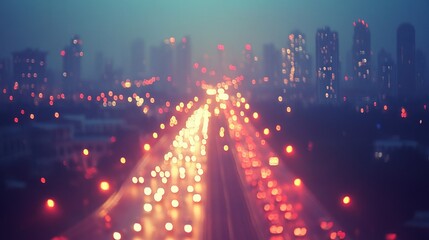 Fototapeta premium Vehicles move along a busy street illuminated by city lights as darkness falls