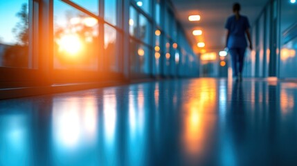 A medical worker moves through a brightly lit corridor as the sun sets, casting warm reflections