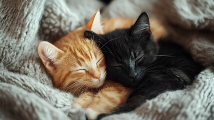 Fototapeta premium Pair of kittens, one black and one ginger nestled close under soft fleece blanket. Peaceful sleep, comfort and closeness