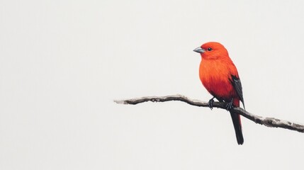 Scarlet Tanager perched on branch, light background, nature illustration, wildlife art