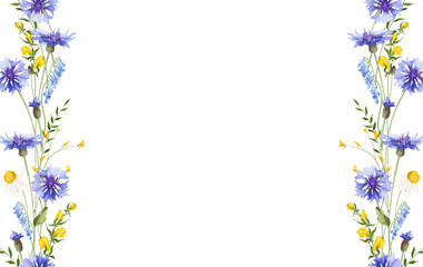 Fototapeta premium Watercolor painted floral seamless border. Meadow blue cornflowers, yellow wild flowers, chamomiles, green branches, leaves. Hand drawn style illustration. Artistic template design.