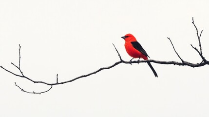 Scarlet tanager perched on branch, snowy background, nature wildlife
