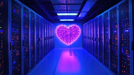 A vibrant data center with a glowing heart-shaped light display amidst modern server racks, combining advanced technology with creative design. Perfect for Valentine's or tech-themed campaigns