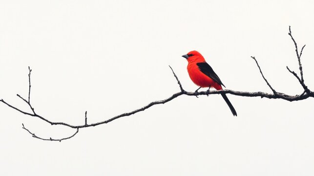 Scarlet tanager perched on branch, snowy background, nature wildlife