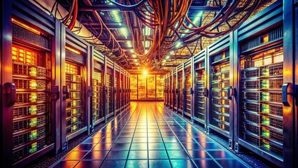Fototapeta premium Vintage Photo: Retro Server Room - E-commerce Networking Infrastructure