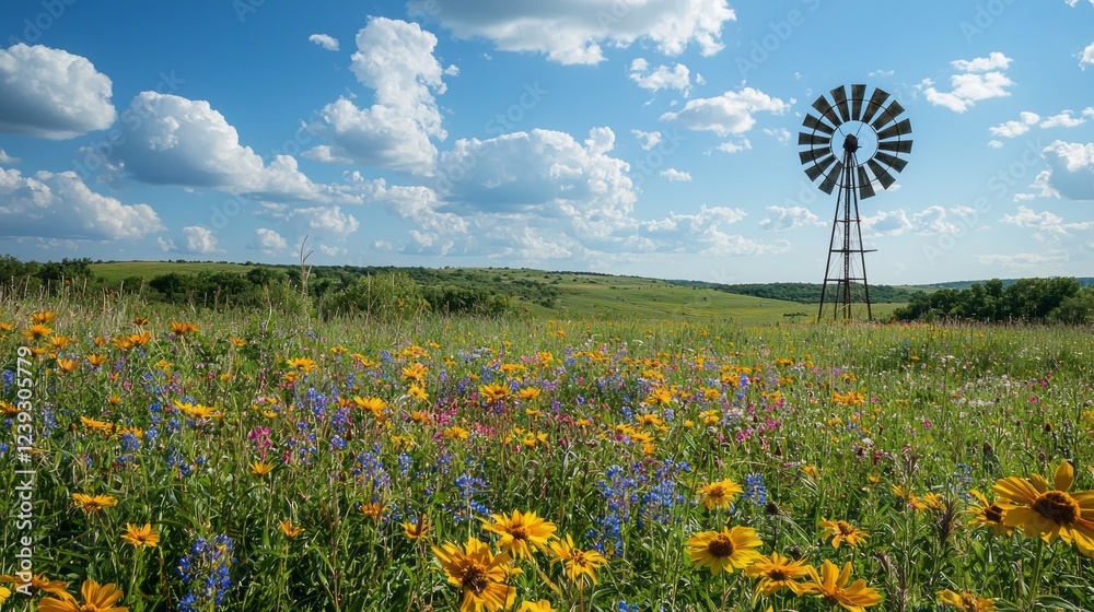 Poster a field brimming with colorful wildflowers dances gently in the breeze, while a rustic windmill stan