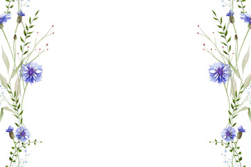 Watercolor floral seamless border frame. Meadow blue cornflowers, forget-me-not wild flowers, green branches, leaves. Hand drawn style illustration. Artistic template design.