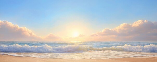 Fototapeta premium A serene beach scene at sunrise, featuring gentle waves and soft clouds against a bright sky, creating a tranquil atmosphere.