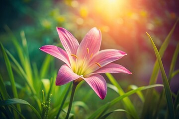 Naklejka premium Vintage Pink Rain Lily Flower in a Lush Garden