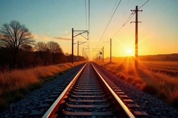 Fototapeta premium Long shadows from setting sun fall across empty railway lines , serene, journey, lines