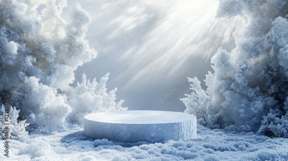 Poster in a peaceful winter scene, a smooth circular platform sits on fresh snow, encircled by frosty trees
