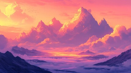 Pink And Orange Sunset Over Majestic Mountains