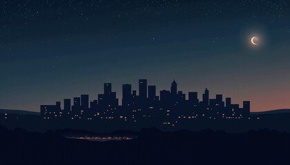 Fototapeta premium City skyline silhouette at night with crescent moon, tranquil mood, minimalist design background, copy space