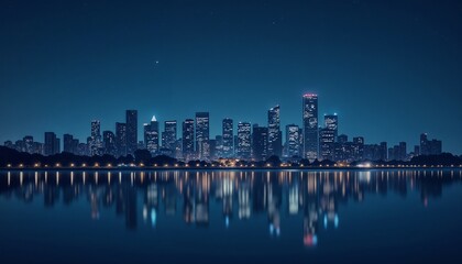 Fototapeta premium City skyline at night reflected in water, serene mood, illuminated buildings background, copy space