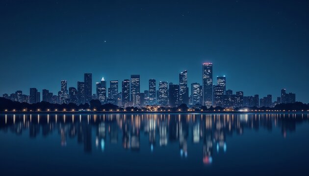 City skyline at night reflected in water, serene mood, illuminated buildings background, copy space