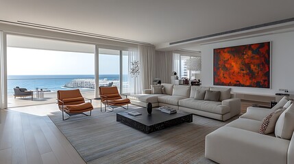 Fototapeta premium Modern Coastal Living Room with Ocean View