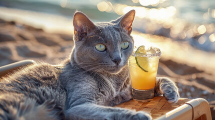 A gray cat is resting on a wooden chair on the sea coast, holding a tropical drink with ice in his paw. Summer vacation, travel and relaxation concept.