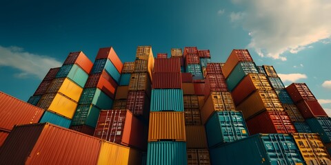 Massive Metal Freight Containers Piled High Conveying the Intricate Web of Worldwide Commerce and Transportation in an Industrial Chic Cinematic Wideangle Shot with Dramatic Shadows and Gritty Realism