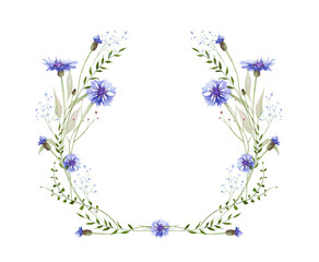 Watercolor floral symmetrical frame. Meadow blue cornflowers, forget-me-not flowers, green wild branches, leaves, herbs. Hand drawn style illustration. Artistic template design.