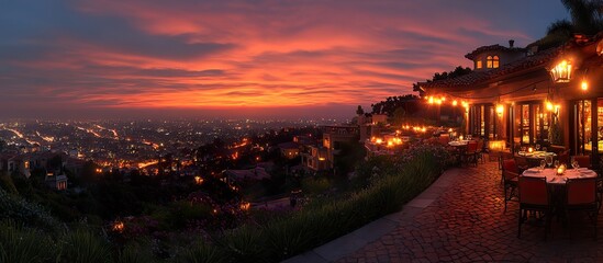 Fototapeta premium A scenic view of a luxurious rooftop restaurant at sunset, with city lights twinkling in the background, perfect for a romantic date night.