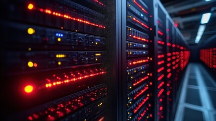 High-tech server room with illuminated racks showcasing data processing in action