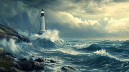 A lone lighthouse stands strong against raging ocean waves