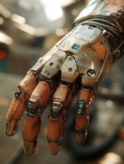 Intricate details of a cyborg hand in a futuristic setting