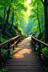 Pedestrian bridge over a meandering forest stream, winding road, wooden planks, pedestrian bridge
